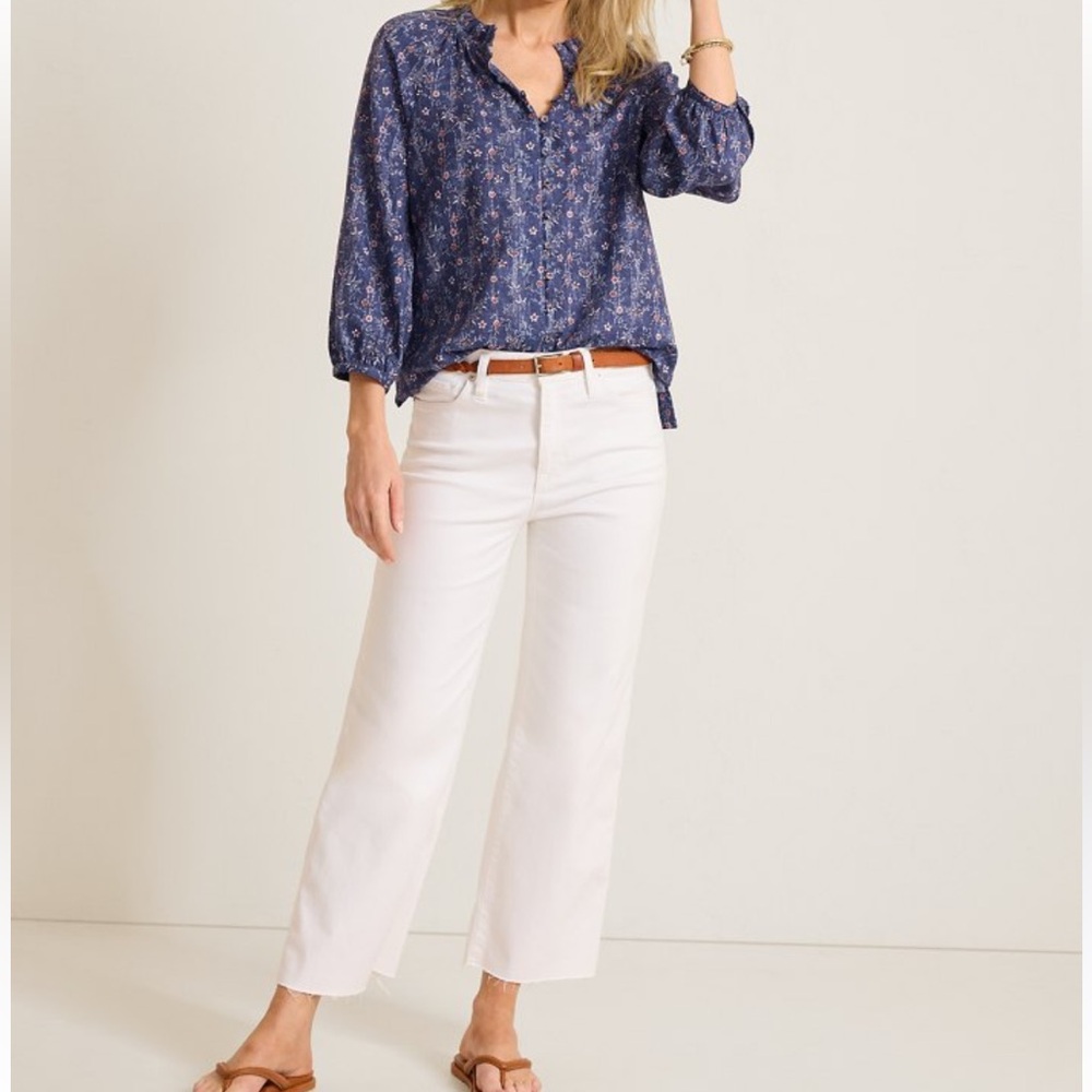 Tommy Bahama Blue Sea Floral Blouse Peasant Cottagecore Boho Top XL Shirt NWT